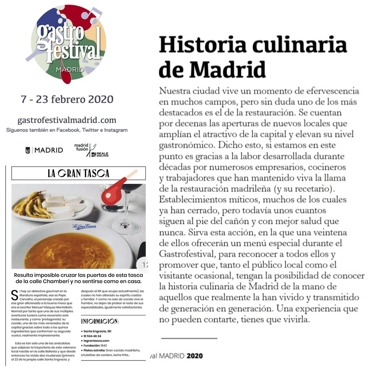 Agradecer a @gastrofestival y a la @raginforma que nos hayan seleccionado dentro de los 20 restaurantes más tradicionales de la historia gastronómica de madrid.