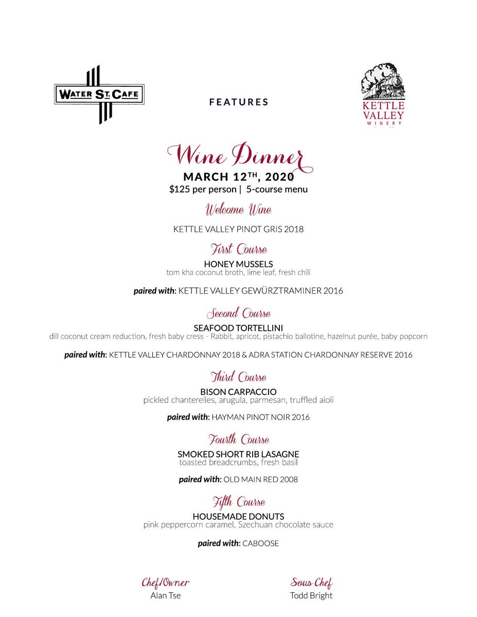 waterstcafe's tweet photo. Come discover some of the best wines from the Naramata Bench 🍷🍴We're hosting another fantastic #winedinner with friends from @kvwinery on March 12: https://t.co/UIed6yI0bj https://t.co/2qZMrqeGYc