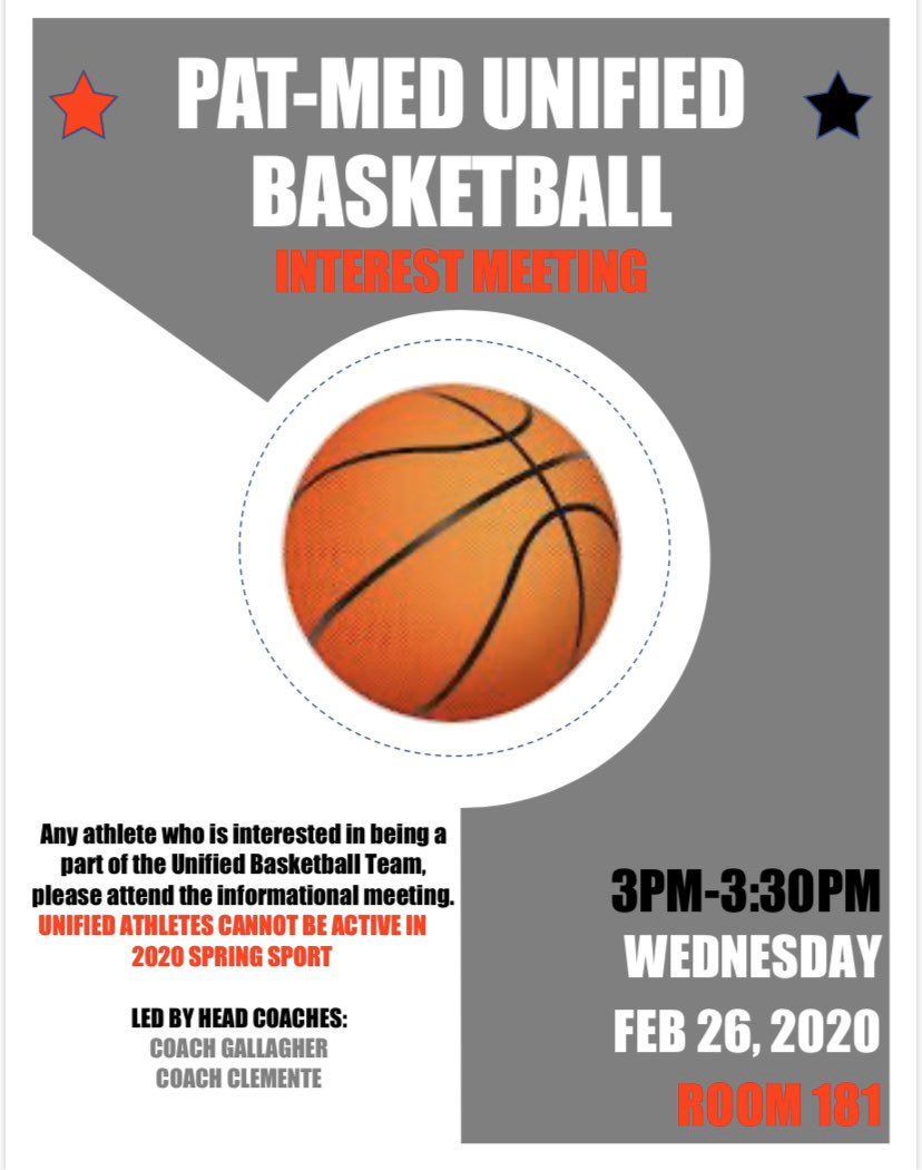 UNIFIED BASKETBALL INTEREST MEETING: Wednesday Feb 26, 2020 in Room 181! 3pm! 🏀❤️🖤 #choosetoinclude <a href="/PatMedAthletics/">Pat-Med Athletics</a> @PatMedHS <a href="/PM_girlsBBALL/">PM Girls Basketball</a> @PatMedSchools
