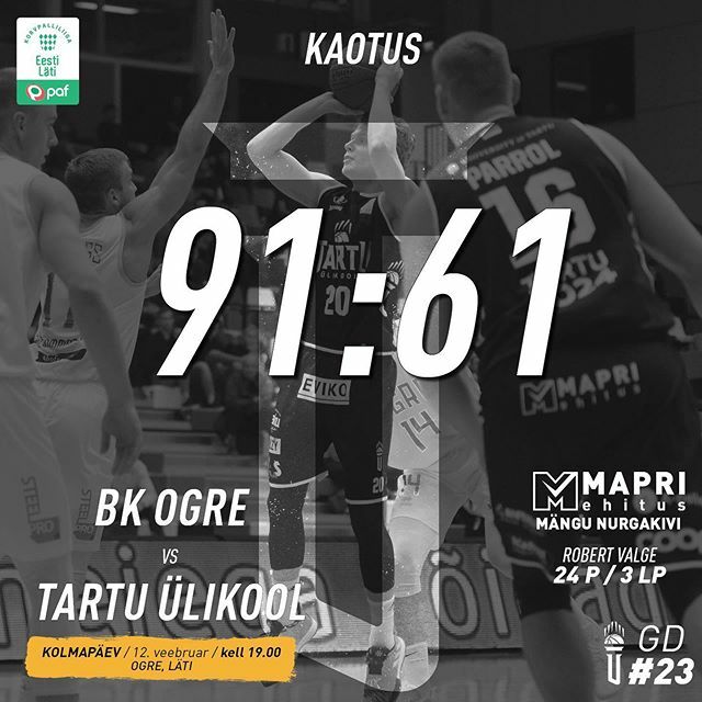 Poolaeg Ogres oli paljulubav, aga mängu kolmandal veerandil pani @pafleague liider oma paremuse kodusaalis kindlalt maksma ja lõpuks tuli meil vastu võtta 61:91 kaotus.

Taas oli heas hoos ja meeskonna #MapriNurgakivi <a href="/valgerobert/">Robert Valge</a> tabades viis kaugviset … ift.tt/2HgWuNP