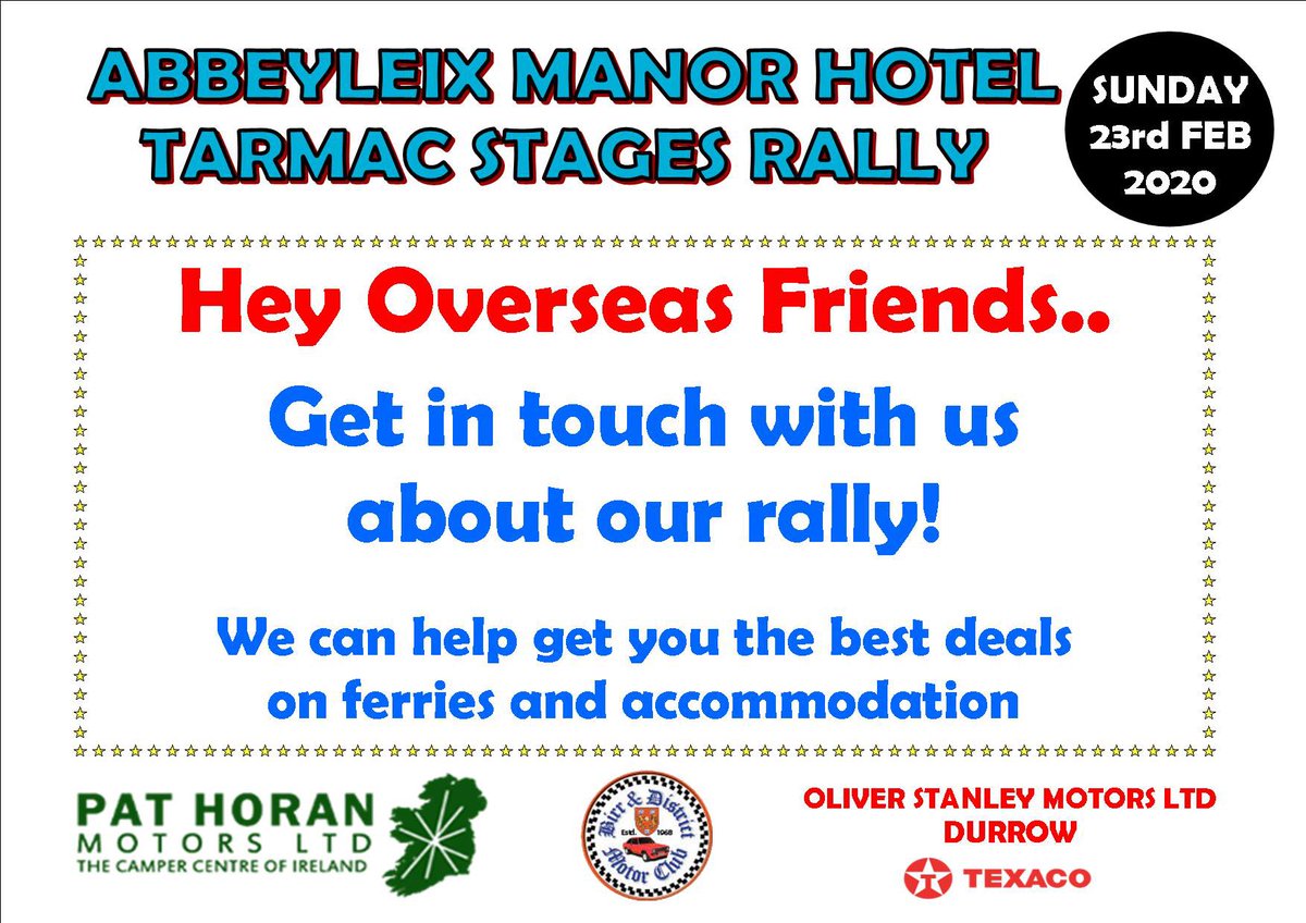 ‼️OVERSEAS COMPETITORS‼️
Why not consider our event as a Shakedown/Test for the next round of the <a href="/BRCrally/">British Rally Championship</a>, the <a href="/westcorkrally/">West Cork Rally</a>...? 

Two great stages, a compact route &amp; multi-stage mileage for mini-stage prices it’s a no-brainer🤩 

<a href="/killianduffy/">Killian Duffy</a> <a href="/WCRChampionship/">Top Part West Coast Rally Championship</a> <a href="/MotorsportIRL/">Motorsport Ireland</a>