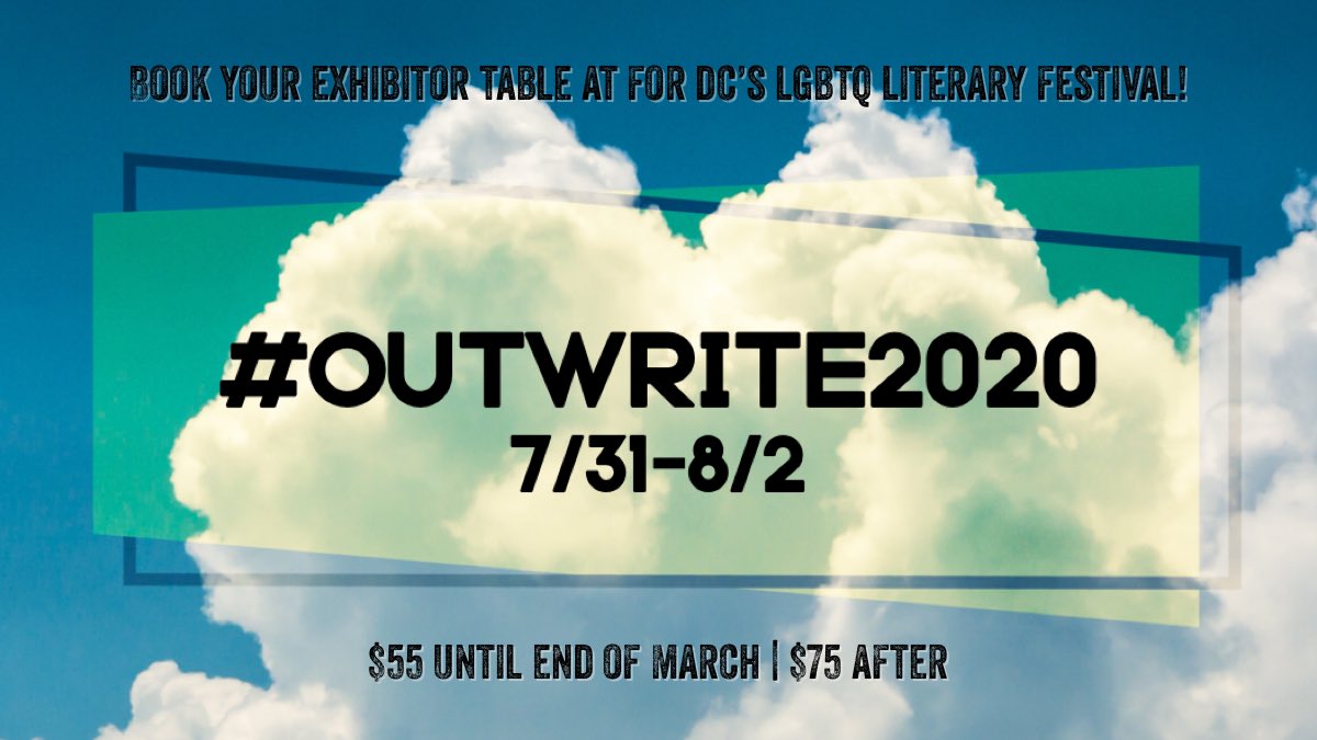 OutWriteDC's tweet image. Register exhibitor tables now for #OutWrite2020!
Booksellers, makers, publishers, authors, artists... all welcome!
📚 🎨 🌈
Registration is $55 until April 1.
After that, $75.
thedccenter.org/outwrite/