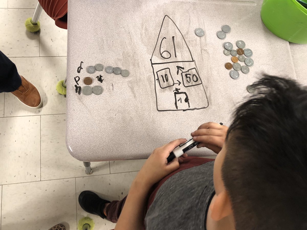 w_benefield's tweet photo. First graders learning to count collections of unlike coins. I love to see how they organize their thinking. #CRA #MathIsFun #NoWorksheetWednesday https://t.co/XB1yim8uUk