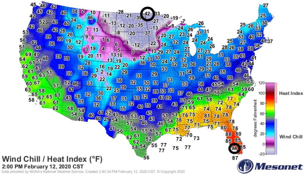 CollinGrossWx's tweet image. There’s an incredible 136° “feels like” temperature difference between northwestern Minnesota (-42°) and southwestern Florida (94°) this afternoon! @StormHour @spann 

Map from @okmesonet