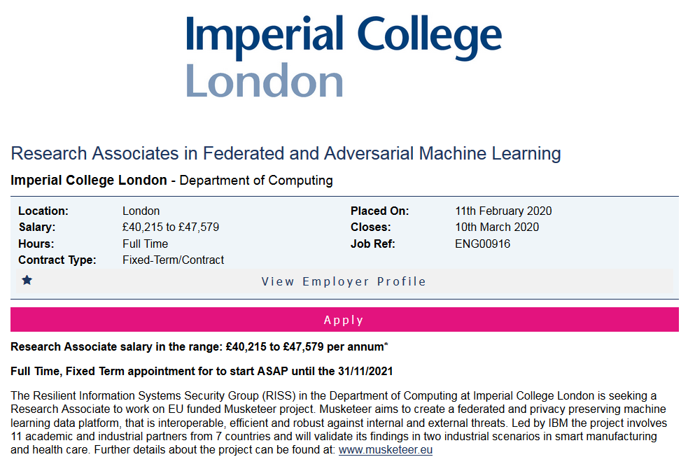 luismunozgz's tweet photo. We're hiring! We've opened a Research Associate (postdoc) position on Federated and Adversarial ML in our group @RISSGroup at @imperialcollege. You can apply here: https://t.co/VaVeOYhcaL. Contact me or Prof. @LupuEmilC for more details about this position.
#federatedML https://t.co/sNIvZpe8ET