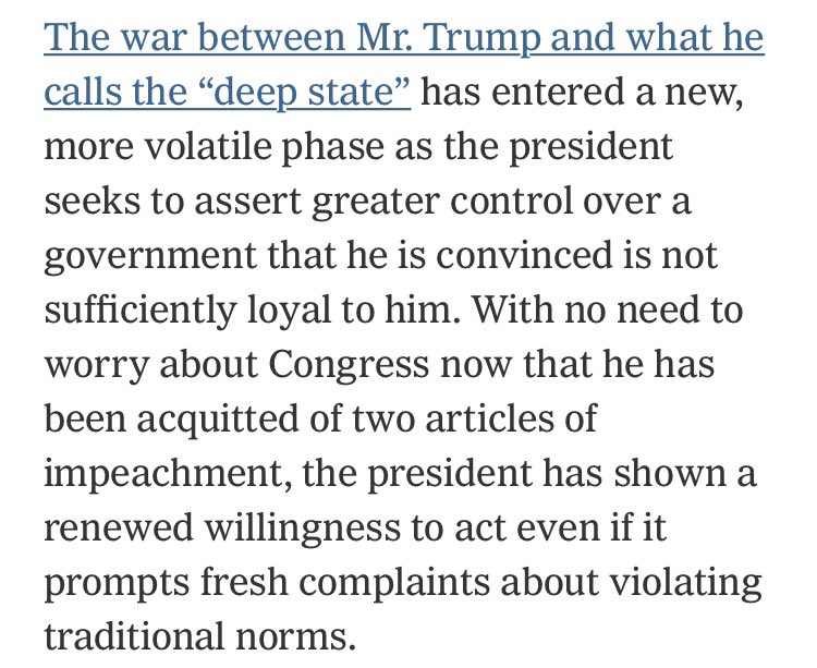 But the story has so internalized Trump’s point of view that it starts analyzing a “war” that isn’t real. Any close observer of the administration these past 3y surely knows that individual acts of defiance to Trump are sporadic, uncoordinated, and reliably get brutally crushed.