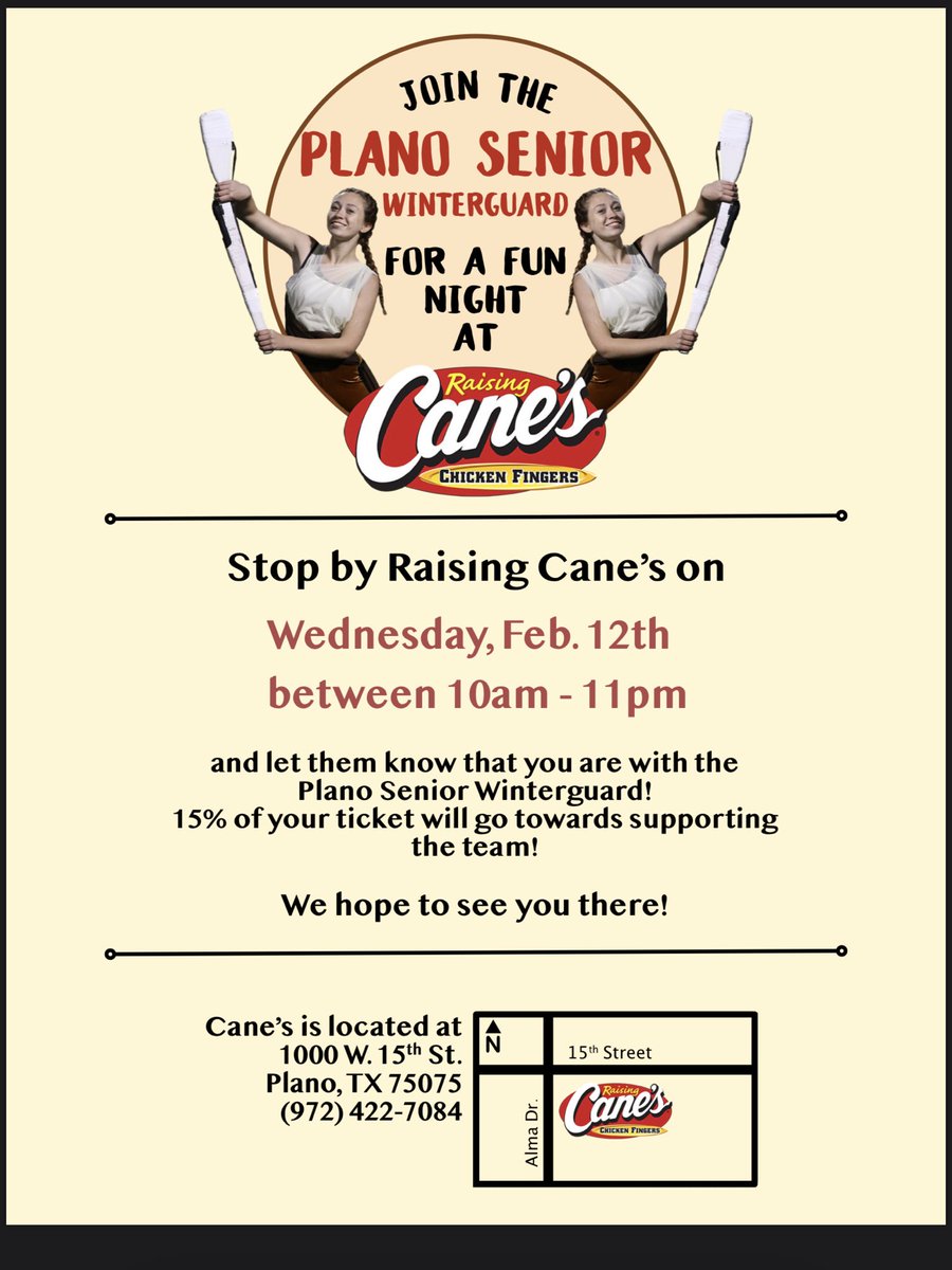 Don’t forget to stop by Raising Cane’s today to support the Plano Senior Winterguard!!