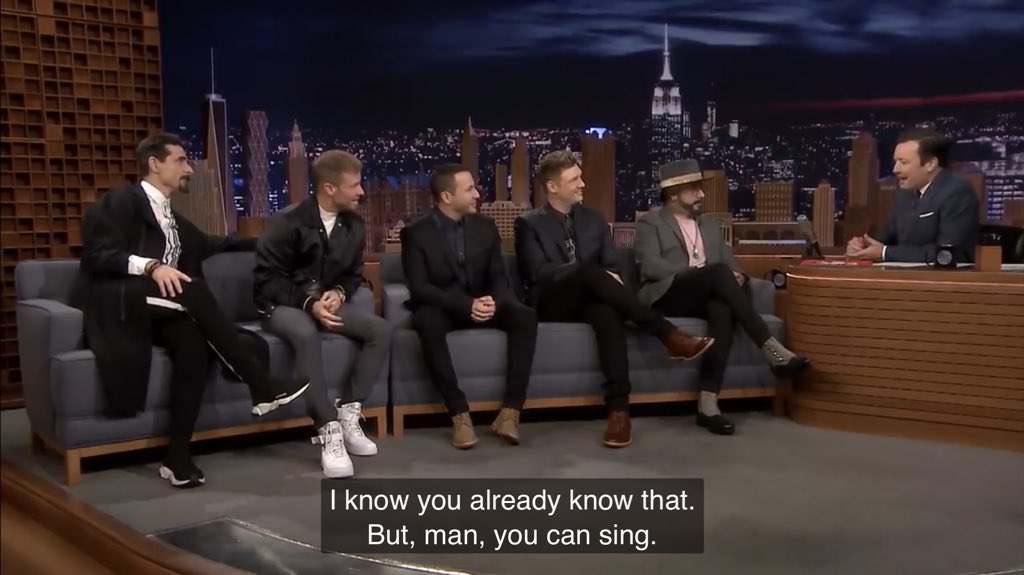 kristibeann's tweet photo. i’m currently crying over @nickcarter complimenting @jimmyfallon’s singing voice 🥺♥️ my faves supporting my fave is literally the best feeling. #FallonTonight #BSBonFALLON https://t.co/EY6ZdKS2zj