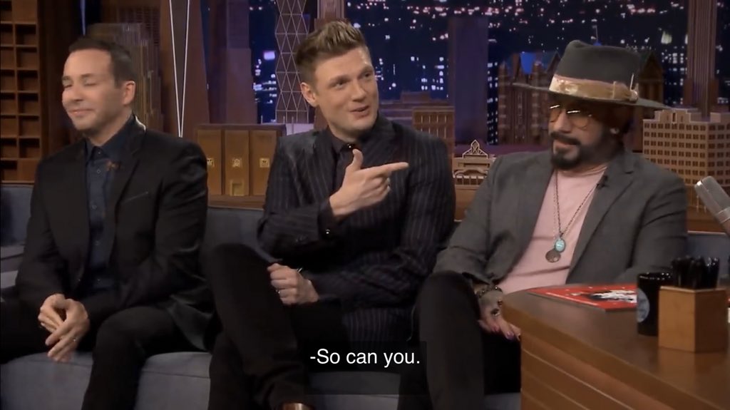 kristibeann's tweet photo. i’m currently crying over @nickcarter complimenting @jimmyfallon’s singing voice 🥺♥️ my faves supporting my fave is literally the best feeling. #FallonTonight #BSBonFALLON https://t.co/EY6ZdKS2zj