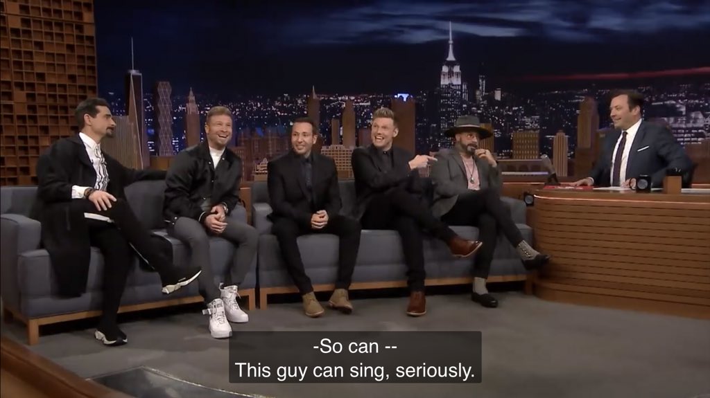 kristibeann's tweet photo. i’m currently crying over @nickcarter complimenting @jimmyfallon’s singing voice 🥺♥️ my faves supporting my fave is literally the best feeling. #FallonTonight #BSBonFALLON https://t.co/EY6ZdKS2zj