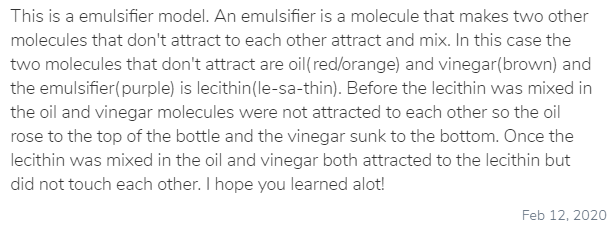 5thGradeQAE's tweet photo. From RP and GEK: Today we made models in science representing what happens when you mix lecithin (which is an emulsifier), oil and vinegar. #QAE https://t.co/Wm8WbOVUlb