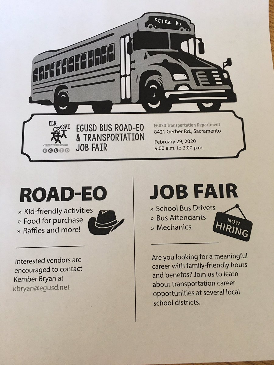 SunriseElem's tweet photo. Do you have a live of kids? Do you want to know more about becoming a bus driver? Come to our EGUSD ROAD-EO and Transportation Job Fair on Feb. 29, 2020 9-2 PM.    https://t.co/qdnffK31C3 https://t.co/5GwRHKAfFa