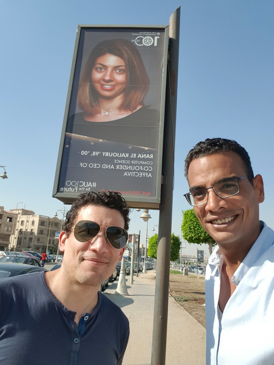 Affectiva's tweet photo. The Cairo team was so excited to take photos of the billboards and posters featuring CEO and co-founder @kaliouby all around the city as @AUC celebrates its centennial. Alumna and Trustree, Rana will speak on Feb 17 as part of the #AUC100 celebration on humanizing #technology. https://t.co/hJCDQBLWVg