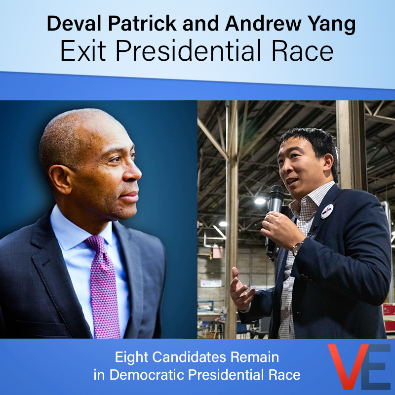 VoterEngage's tweet photo. Deval Patrick and Andrew Yang have both dropped out of the Democratic Presidential race after the new Hampshire primary. This leaves eight candidates left int he race for the Democratic nomination as they head to Nevada for the next caucus.

#election2020 #vote #voterengage https://t.co/mzOa7PvQ0f