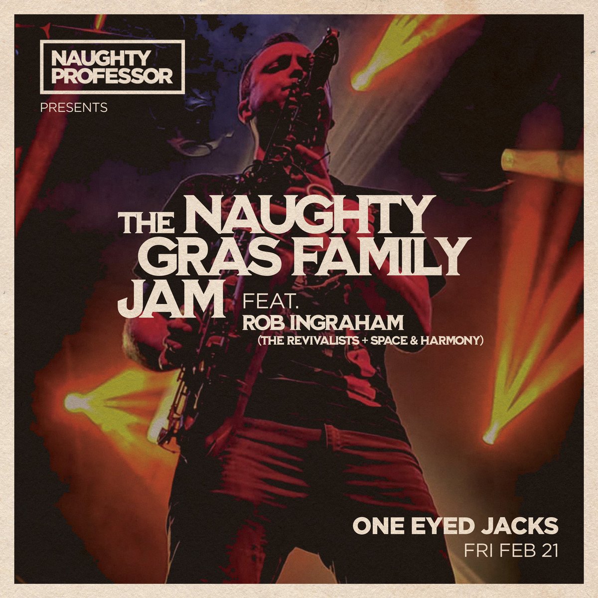 George and Rob as special guests ✔️
Whole band in the house ✔️
May a Space &amp; Harmony takeover be in the works? 🤔
Come to the Naughty Gras Family Jam to find out ❕