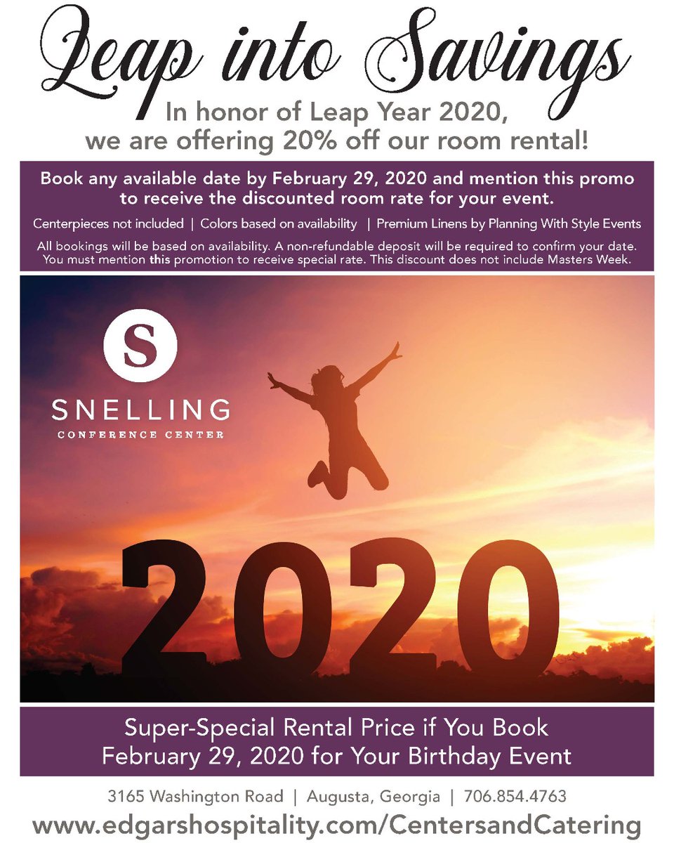 snellingcc's tweet image. Are you looking for a venue? Call the Snelling Conference Center at 706.854.4763 before February 29, 2020 and mention the Leap Year promotion to get 20% off your room rental! #AugustaVenue #ConferenceCenter #SnellingConferenceCenter