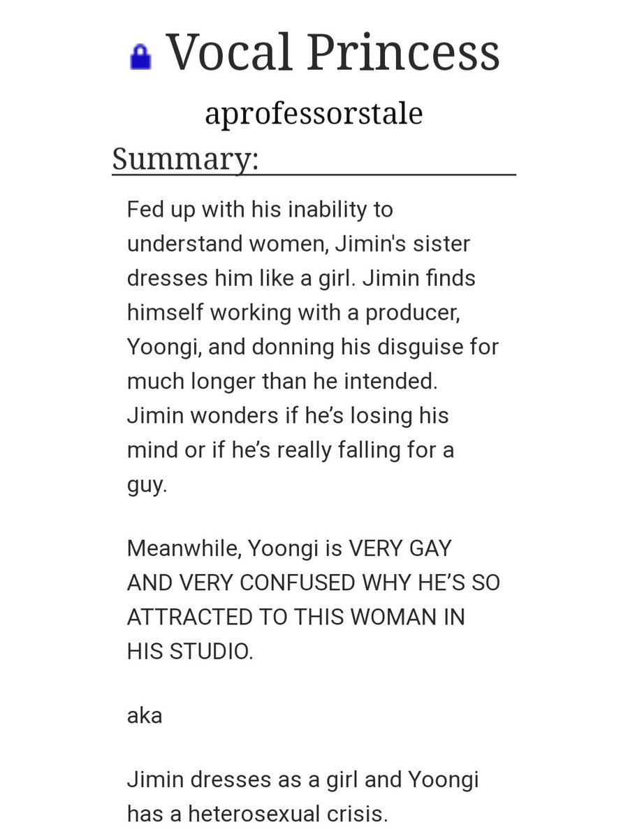  Vocal Princess - Yoonmin - Rom Com - Crossdressing, Sexuality crisis, Reverse gay crisisTHIS IS MY FAVORITE YOONMIN FIC PLS READ IT!!!   https://archiveofourown.org/works/11491239 