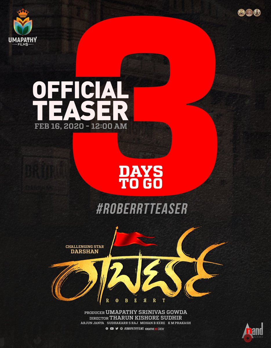3 days to go 😍
#DBoss
#Roberrt 
#RoberrtTeaserFeb16 
#BaBaBaNaReady 
<a href="/UmapathyFilms/">Umapathy Films</a>
<a href="/umap30071/">Umapathy S Gowda</a> <a href="/StarAshaBhat/">Asha Bhat</a>