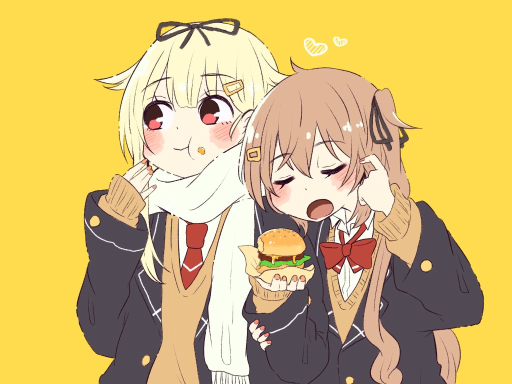 murasame (kancolle) ,yuudachi (kancolle) ,yuudachi kai ni (kancolle) multiple girls 2girls burger food scarf long hair black ribbon  illustration images