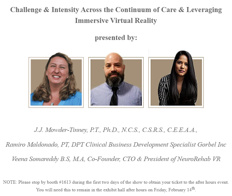 NeuroRehabVR's tweet photo. For those of you at @APTAcsm  - Join us on Friday, Feb 14th for this after hours event when we present Challenge &amp; Intensity Across the Continuum of Care. With demos of the @gorbelrehab SafeGait combined with @NeuroRehabVR virtual reality.

Details &amp; RSVP: https://t.co/9cfKeQshW1 https://t.co/fQqc4eYIeA