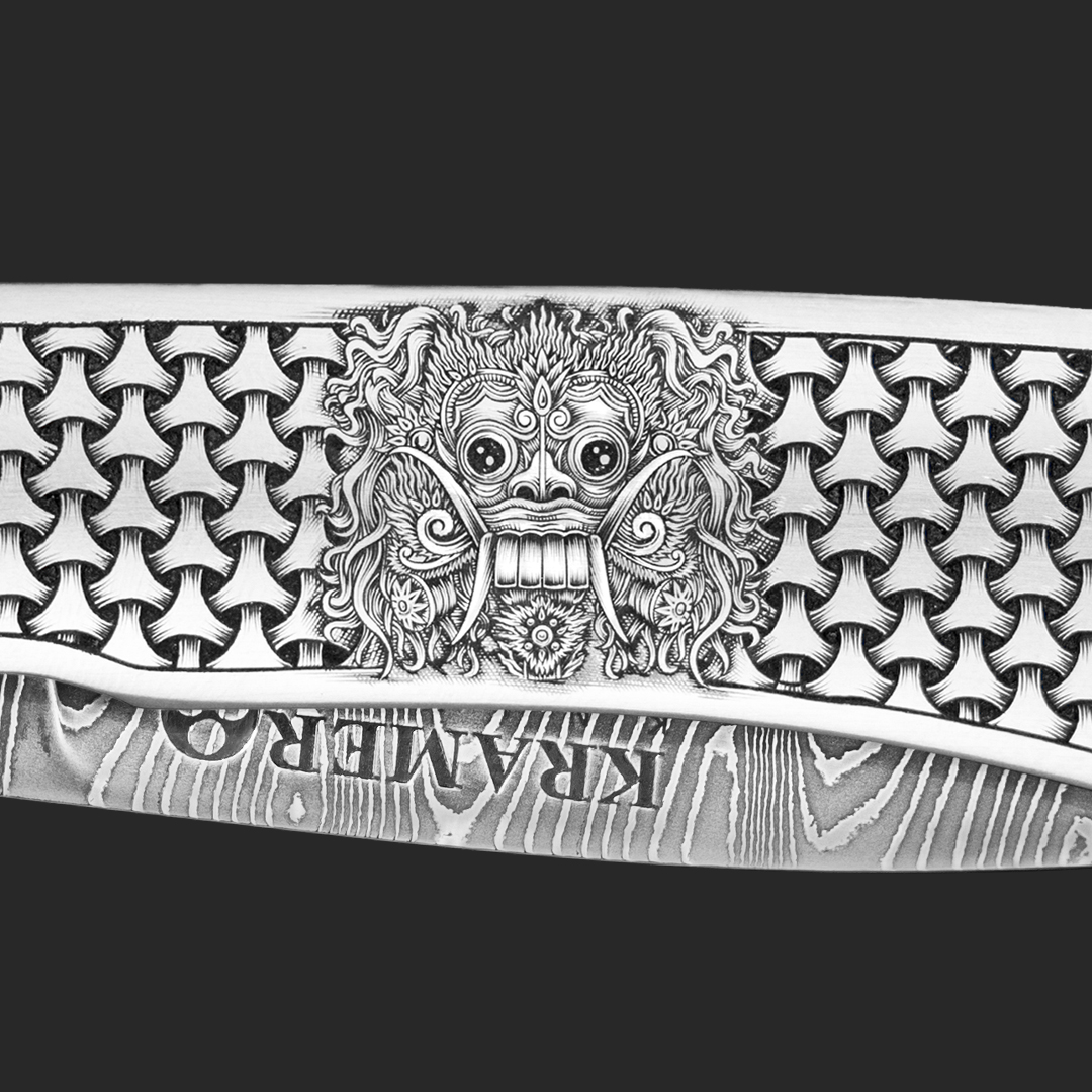 NEXT 24hr AUCTION - Tuesday, Feb. 18th-19th
Barong and Rangda inspired folding knives.
Engraving by Tom Ferry.