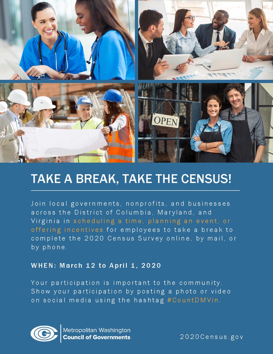 CouncilmanDLD's tweet image. #PrinceGeorgesCounty | Support @MWCOG 's efforts in encouraging local governments, nonprofits and businesses to schedule time, plan an event or offer incentives for employees to take a break to complete the 2020 Census Survey online, by mail or by phone b/w 3/12-4/1. #CountDMVin