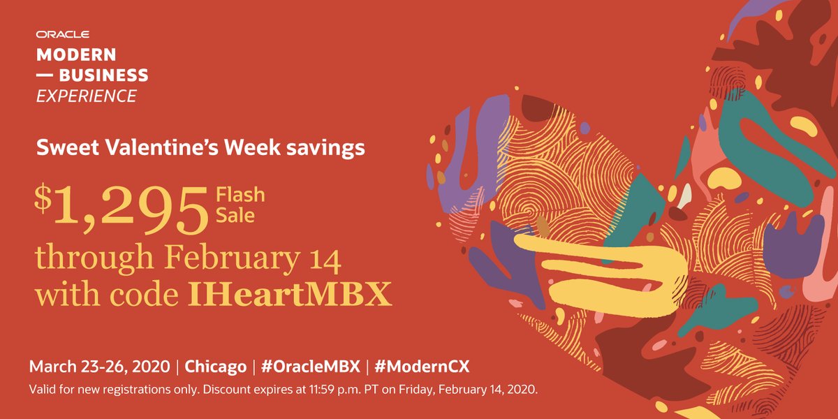 descahill's tweet image. We love our customers! Join us at #ModernCX in Chicago and save $700 off the onsite rate. Register with code IHeartMBX through Feb. 14. 😍#OracleMBX #marketing #commerce #sales #service: ora.cl/1RM74