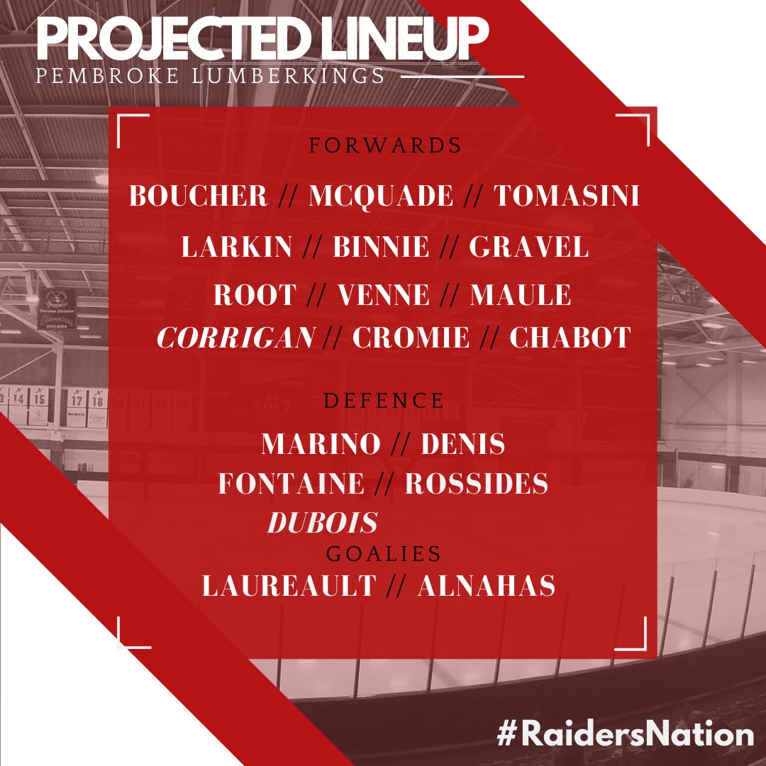 Nepeanraiders's tweet photo. Here is your #Raiders projected lineup tonight vs Pembroke
Tyer Laureault gets the nod in net; Riley Dubois will suit up for the 5th time; and another product of our U18 team, Trent Corrigan, will make his Nepean Raiders debut!
#RaidersNation #NEPvsPLK #CCHL #RaidersU18 https://t.co/qMjcFaWu7a