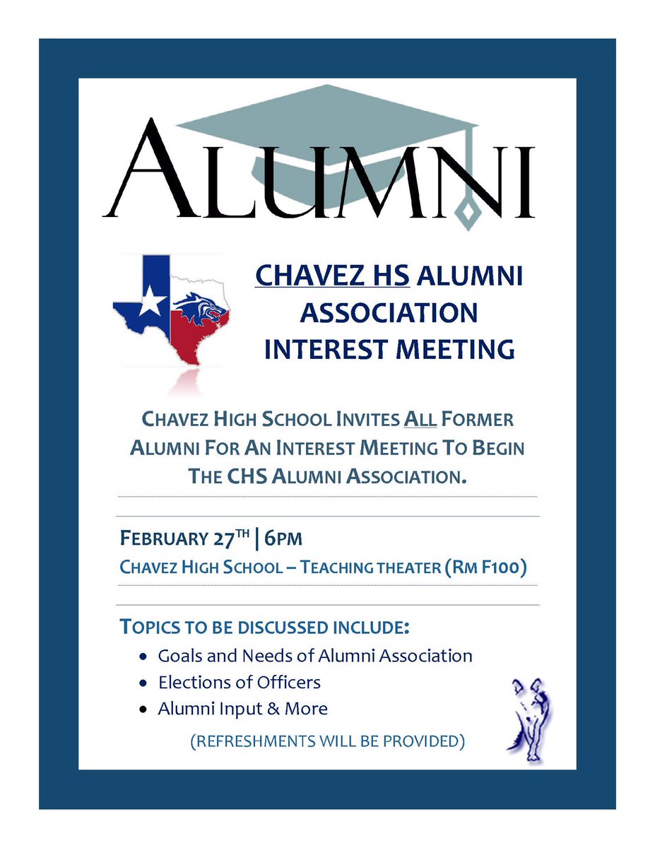 Adrian (@adrianinhtown) on Twitter photo Very excited invite ALL alumni to help <a href="/ChavezHS_HISD/">César E. Chavez High School</a> officially form an Alumni Association. We want your input on how to make Chavez a better place & discussing the election of officers as well. #share & attend this meeting on Feb. 27th at 6pm. Questions @ me or @SGuajardo_HISD Very excited invite ALL alumni to help <a href="/ChavezHS_HISD/">César E. Chavez High School</a> officially form an Alumni Association. We want your input on how to make Chavez a better place & discussing the election of officers as well. #share & attend this meeting on Feb. 27th at 6pm. Questions @ me or @SGuajardo_HISD