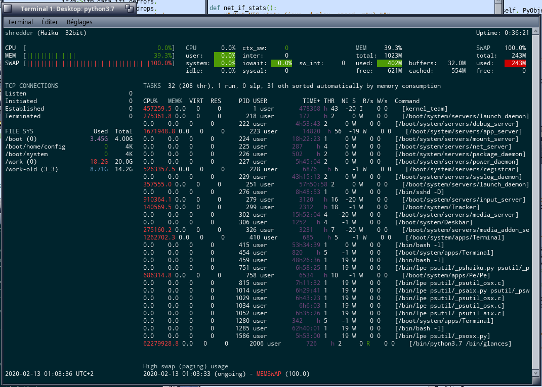 mmu_man's tweet image. #glances running on Haiku with a very crude #psutil port