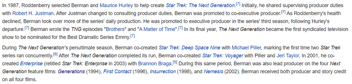 enter rick berman/"the berman era", originally brought on as a creative to help with the next generation development. but as gene's health declined, he began to take more of the daily responsibilities/executive decisions (not even getting into the legalities with gene's lawyer).