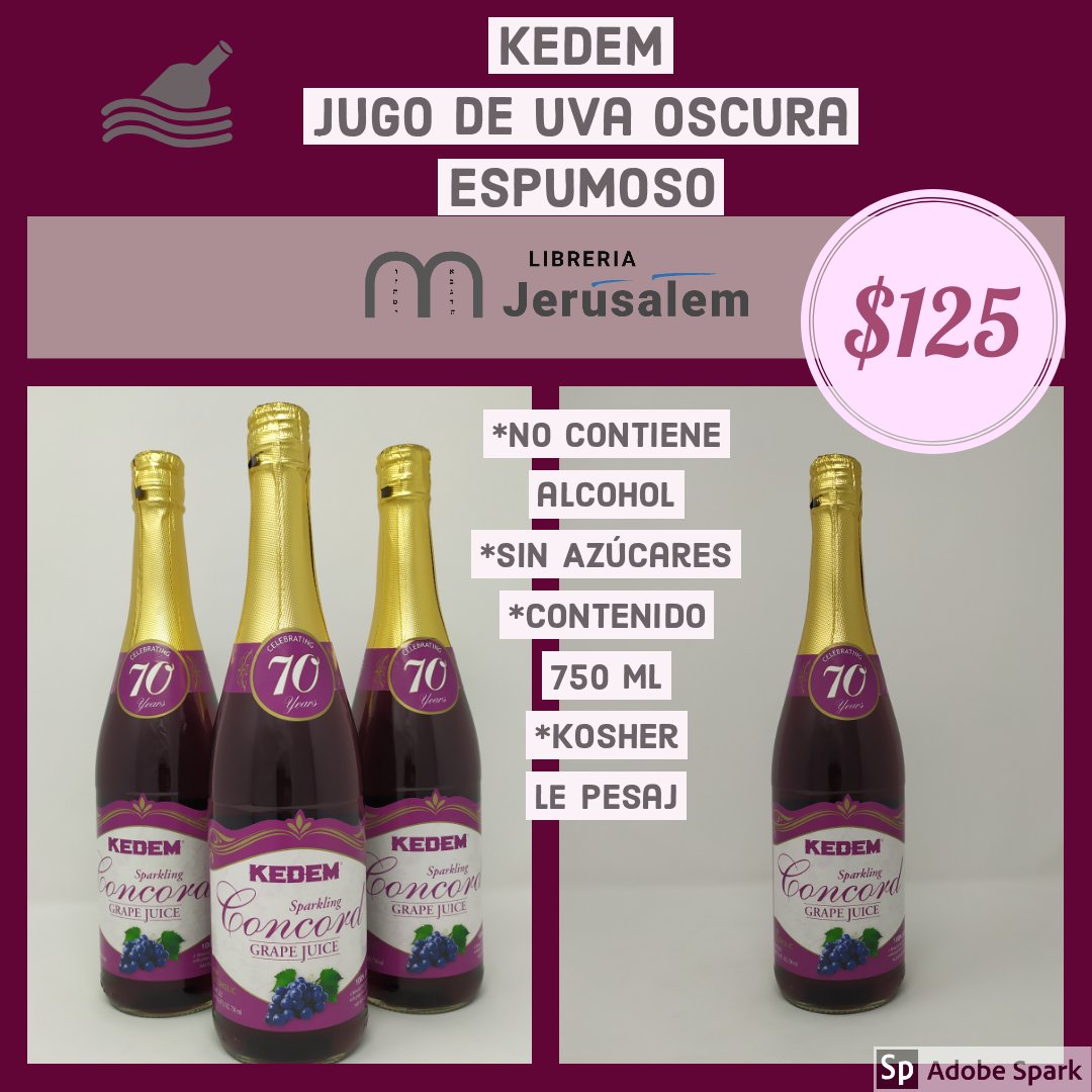 libjerusalem's tweet photo. [JUGOS Y VINOS]

KEDEM
Jugo de uva oscuraa espumoso

No contiene alcohol 

Botella de 750 ml

Apto para Shabat y fiestas ( Kosher le Pesaj)

Precio : $125

Disponible en Librería Jerusalém
#vinoskosher
#libreriaJerusalem
#librosJudios https://t.co/ub1ObTFs9o