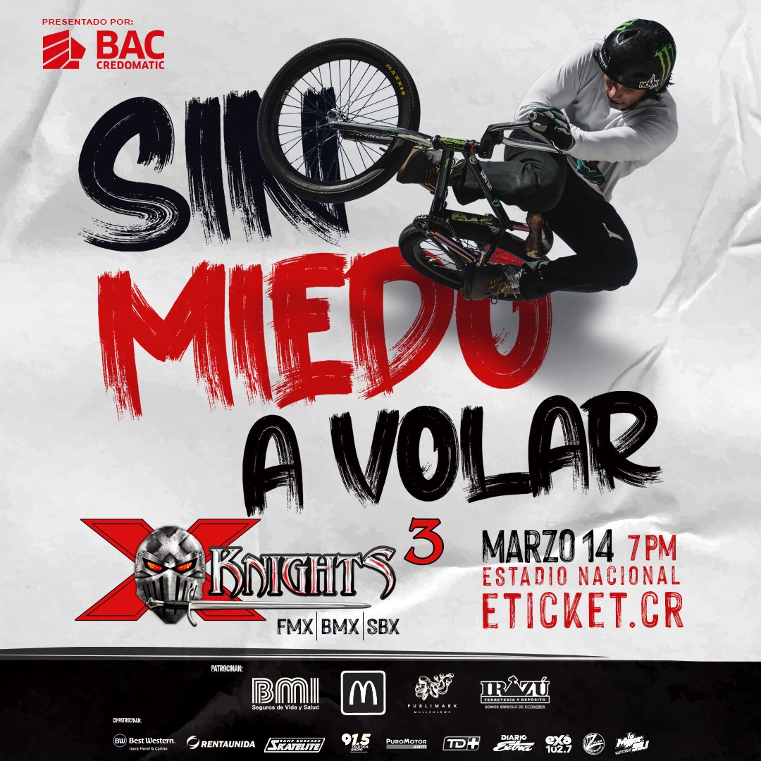 Ya solo falta un mes para la competencia más extrema de Latinoamérica.
#SINMIEDOAVOLAR
Busca tu entrada en eticket.cr o puntos Servimás y no te pierdas la batalla por ser el mejor en la edición 2020 de X-KNIGTHS. Sábado 14 de marzo 7 pm Estadio Nacional