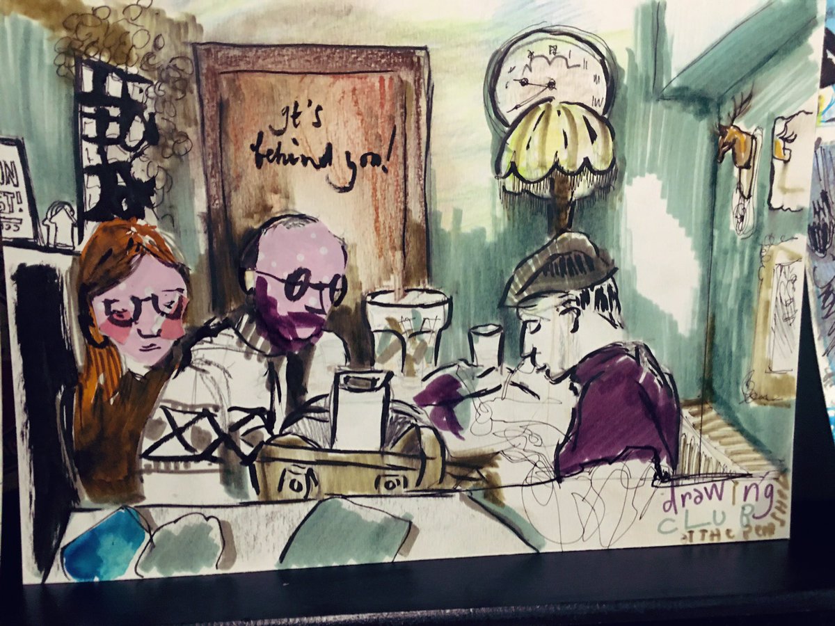 Another fab night at our monthly #DrawingClub at the Beer Shed #NewMills Collaborative artworks all. Nine people working on each drawing. Can we just do it all over again? There’s always next month. All welcome. Come and join us! #drinkanddraw #beershed