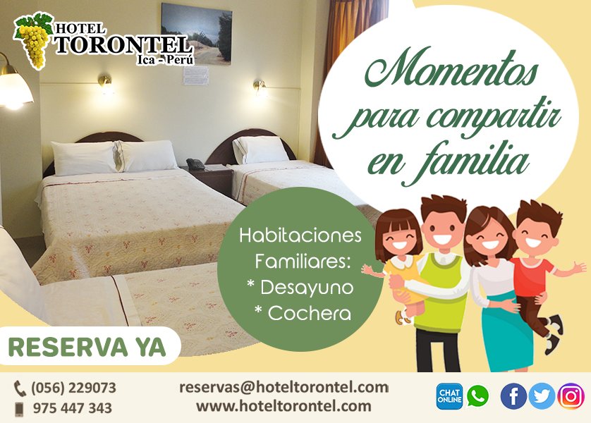 HotelTorontel's tweet photo. ¡Las mejores vacaciones familiares te esperan en Ica! 👨‍👩‍👧‍👦 Te ofrecemos precios especiales con desayunos incluidos y cochera interna en nuestro establecimiento. ¡Te esperamos! ⭐☀️

INFORMES Y RESERVAS:
📩 reservas@hoteltorontel.com
📲 975 447 343
☎ (056) 229073 https://t.co/80r4Bj0W9Y