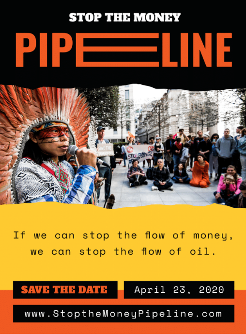 StopMoneyPipe's tweet photo. Save the Date! 4.23.20 -- it's time to #StoptheMoneyPipeline. If we can stop the flow of money -- we can stop the flow of oil.
More info: https://t.co/otLdGsi5WG
#DivestFossils #Divest https://t.co/pNxJqAP5Vh