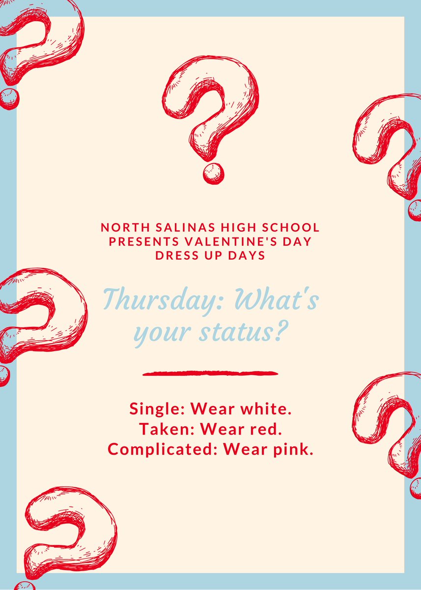 nshs_asb's tweet image. What’s your status? 🤔 Tomorrow, our Valentine’s Day Dress Up Days continue! Don’t forget to dress in red, white, or pink! ❤️💗🤍