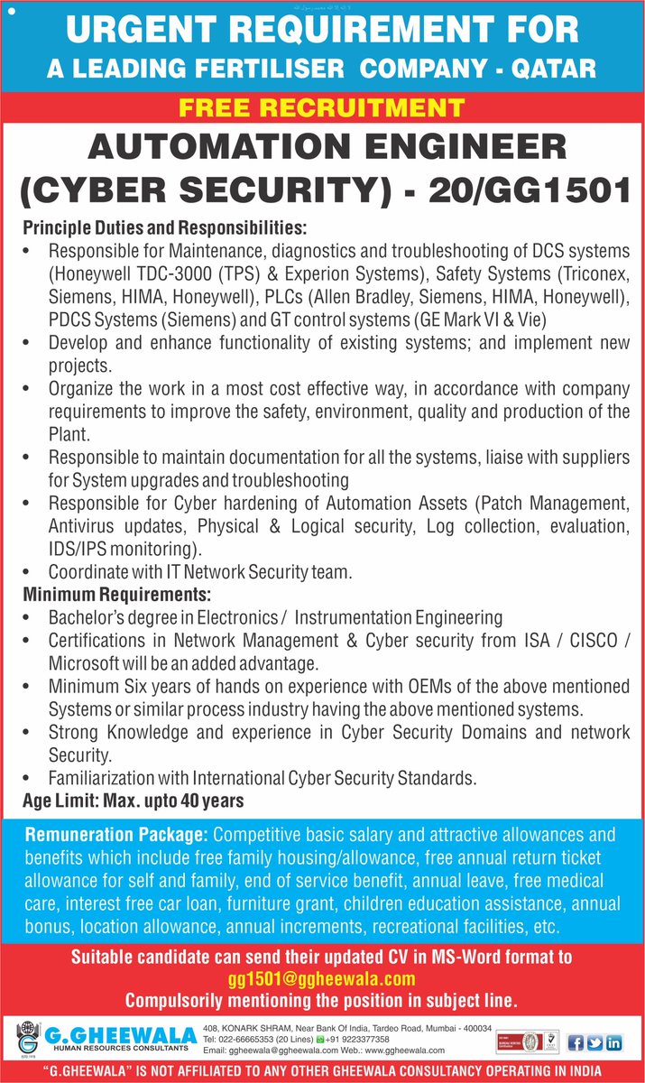 ggheewala1's tweet photo. #Fertiliser #Automation #Engineer #Cyber_Security #Maintenance #Diagnostic #Trouble_Shooting #DCS #Honey_Well #TDC #TPS #Triconex #Siemens #HIMA #PLCs #Allen_Bradley #PDCS #GT #Antivirus #Physical #Logical #IDS #IPS #IT_Network #Bachelor_Degree #Electronic #Instrumentation https://t.co/JK81GS1Kl5
