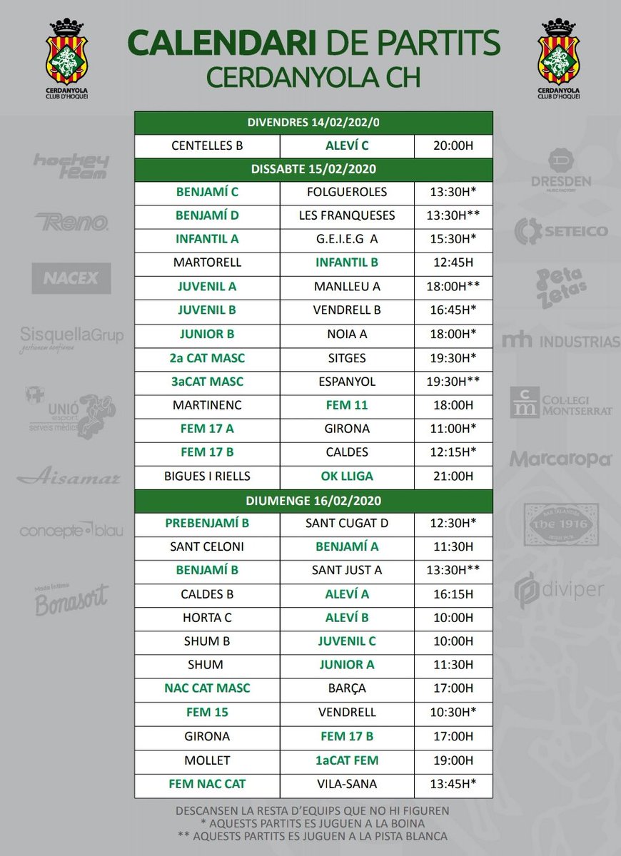 Tots els partits i horaris @Hoqueisarda per aquest cap de setmana. Molta sort a totes i a tots! #sardaale #cerdanyola #hoqueipatins @EsportsSarda.