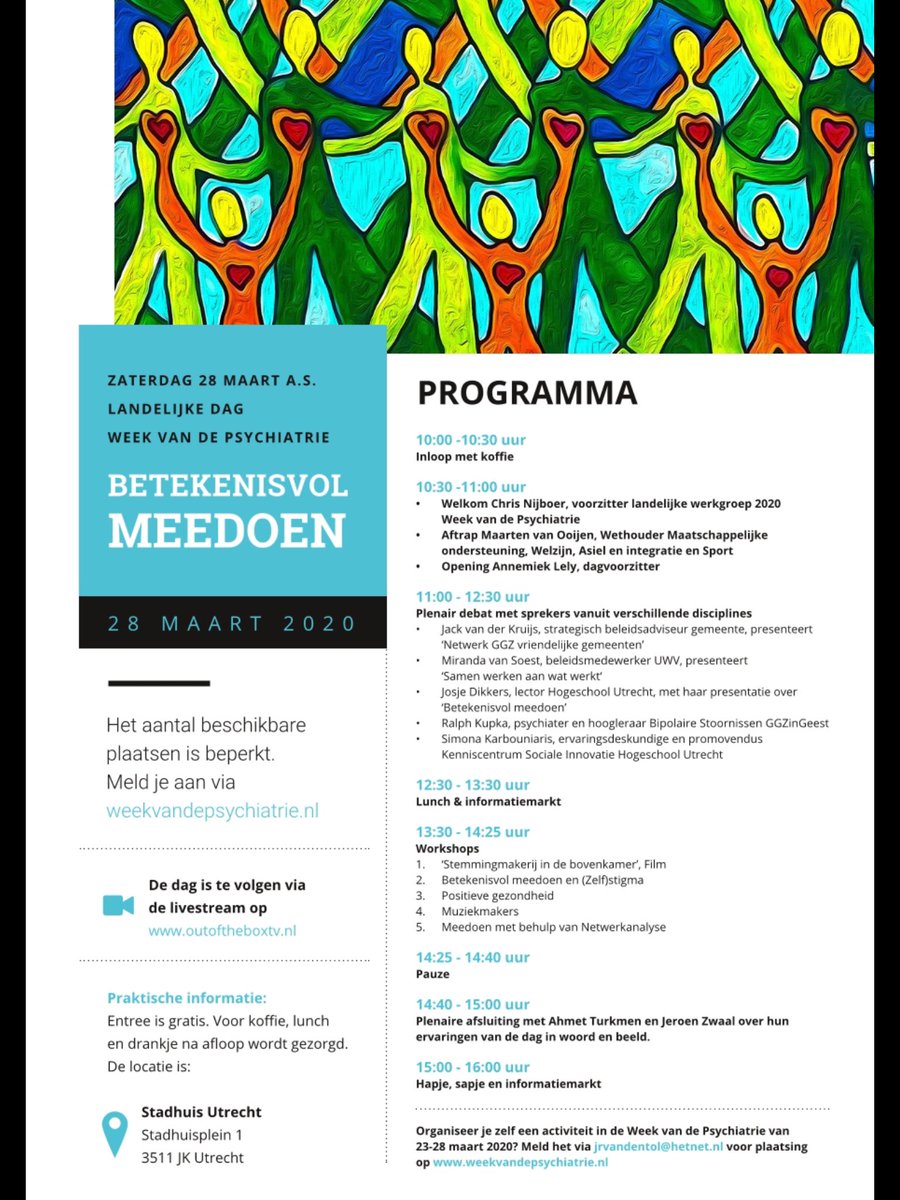 fritsbosch1's tweet photo. In 2020 wordt de Week van de Psychiatrie gehouden van 23 t/m 29 maart. Het thema van de Week van de Psychiatrie 2020 is: BETEKENISVOL MEEDOEN. De week wordt afgesloten met een congres op 28 maart, waarvoor ik je namens de organiserende Werkgroep 2020 van harte wil uitnodigen. https://t.co/ak7Zsoqp16