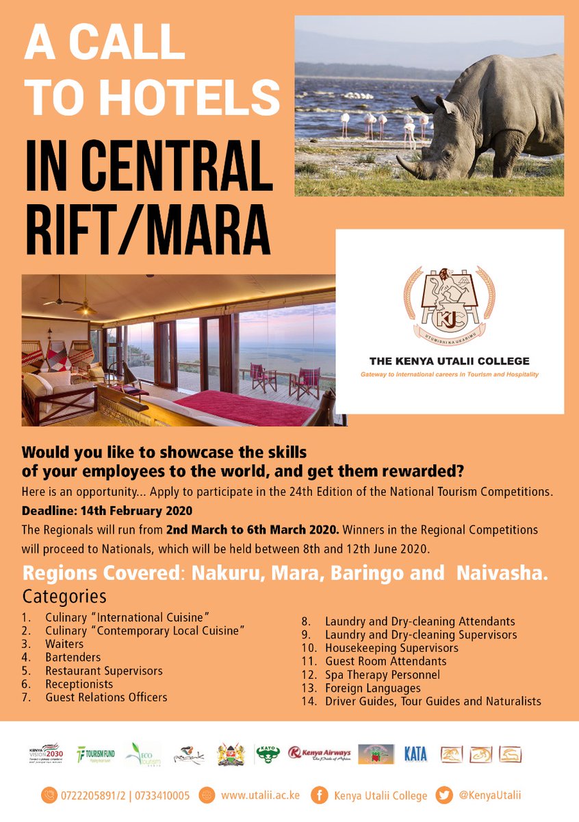 A call to Hotels in Central Rift/Mara Regions! Would you like to showcase the skills of your employees to the World & get them rewarded? Register Now for National Tourism Competitions 2020 ow.ly/fnt250yhNW2 #KenyaUtalii #NTC2020 @Min_TourismKE @KAHC_Kenya @TourismFund