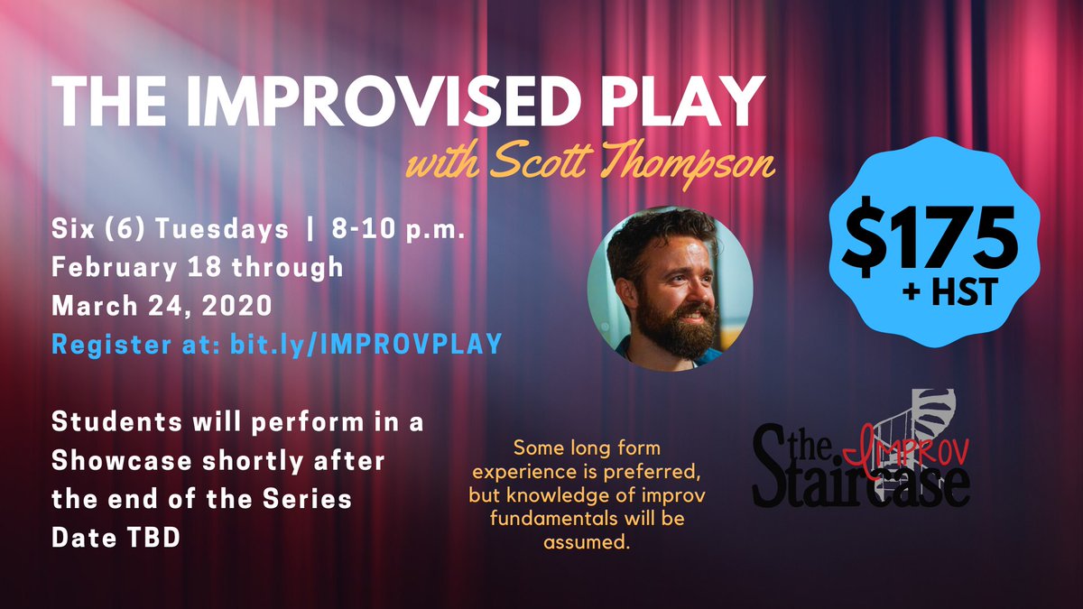 Scott Thompson is ready to share with you this wonderful form of improv. Sign up available now. Class starts Tues Feb 18th.
The series will culminate with showcase performance of The improvised Play to a live audience. bruha.com/event/5377