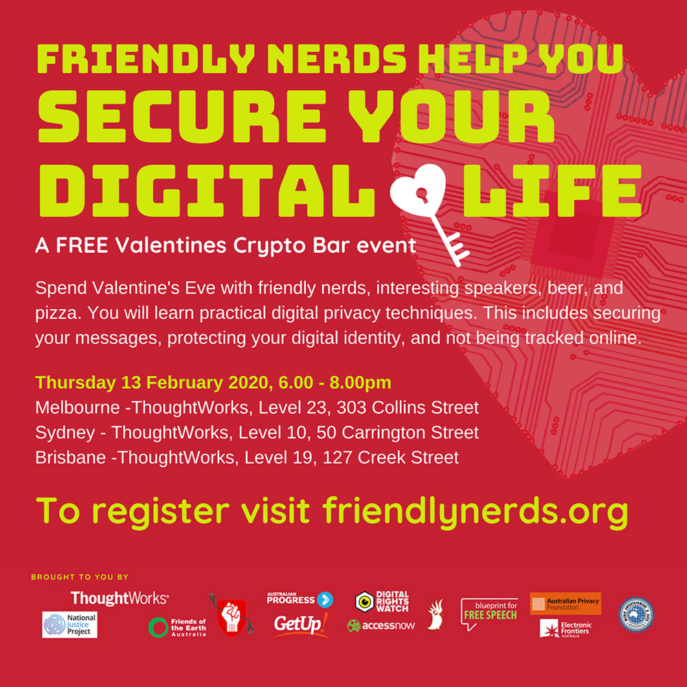 still time to register for tonight's friendlynerds.org event and secure your digital lyf - @FCTweedie and <a href="/nickyringland/">@nicky@tech.lgbt</a> will be at sydney <a href="/thoughtworks/">Thoughtworks</a> talking about the fun and not so fun aspects of love and the internet