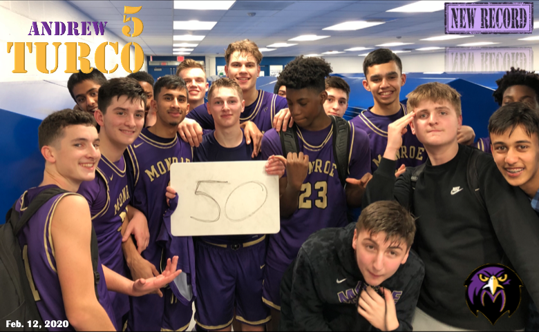 MTHS_BBALL's tweet photo. Turco back at it again! ✖️🧢

🚨This time with a NEW SCHOOL RECORD!🚨 

Andrew Turco drilled 10 3's on his way to a Career High and MTHS School Record 50 POINTS! As he helped lead Monroe to a 71-51 win over Spotswood. https://t.co/xfhzXczQU2