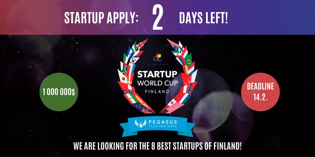 ONLY 2 DAYS LEFT!
1. #SWCFinland20 winner can compete for 1 MILLION USD in SanFrancisco (&amp; 500K in Prague)!
2. Chance to pitch for investors in Pakkahuone!
3. Feedback from the JURY!

8 best startups will be chosen!
startupworldcup.fi

#SWCFinland20 #StartUpWorldCup #Finland