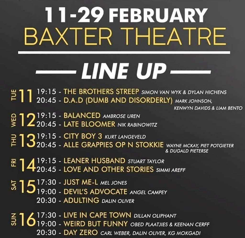 lovecapetown's tweet photo. Who doesn't love laughing? Get those Valentine's Day dates sorted. See #stuarttaylor & #simmiareff in action #mothercitycomedyfestival @BaxterTheatre https://t.co/xs4hxtsNXp