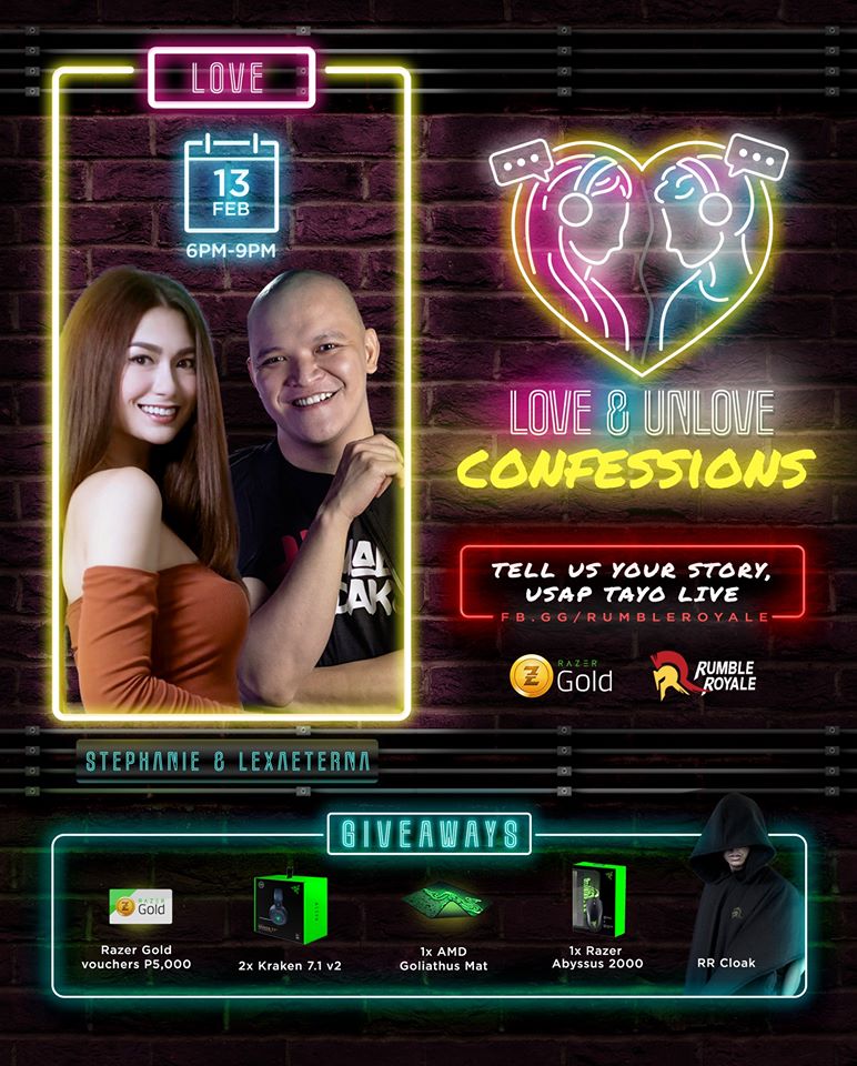 RumbleRoyalePH's tweet photo. Spread the romantic vibe!
Get ready for the #LOVECONFESSIONS with #StephanieTan and #LexAeterna only here at #RUMBLEROYALE! 💖
Do not miss this opportunity to reveal the truth! 💯
#LOVESUPREME! 👊 https://t.co/hnZx1AVbBb
