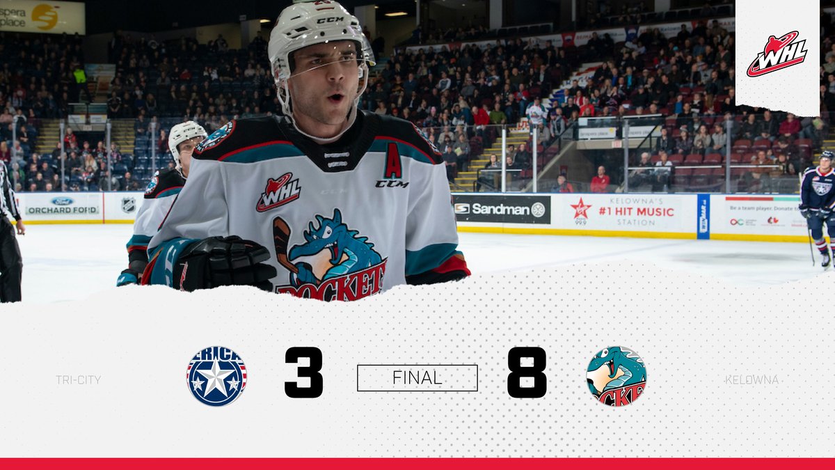 TheWHL's tweet image. FINAL: @TCAmericans (3) at @Kelowna_Rockets (8) 

STATS 📒 | bit.ly/37irmYJ

#KELvsTC