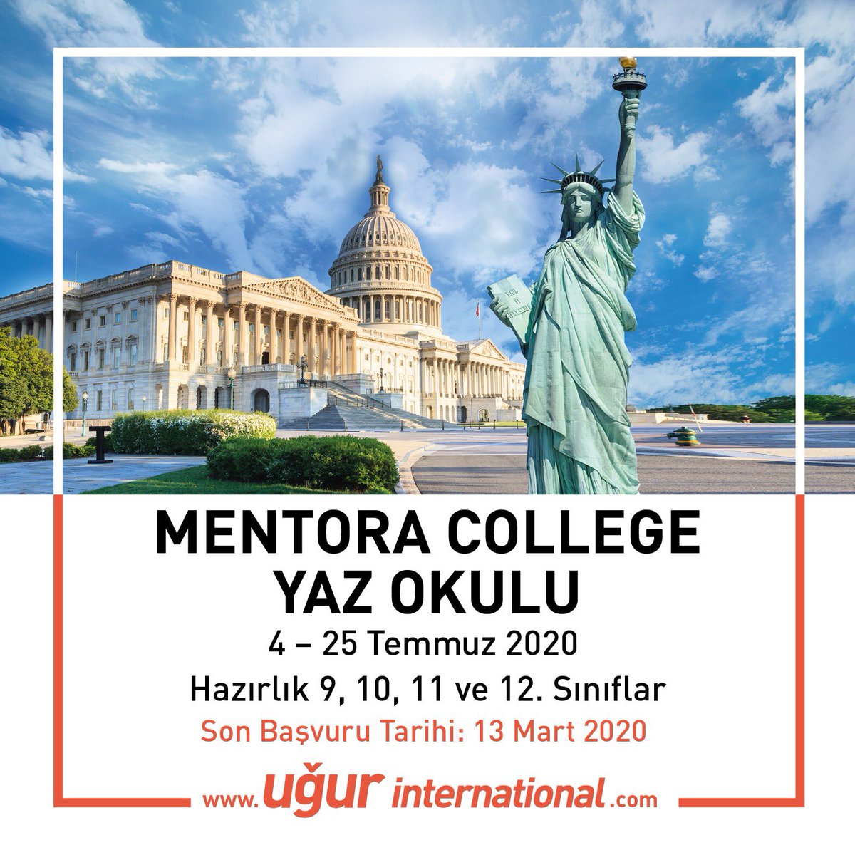 BAU Washington DC Mentora College’da, 4-25 Temmuz 2020 tarihleri arasında yapılacak yaz okulumuz programımız, hazırlık 9, 10, 11 ve 12. Sınıf öğrencilerimizin katılımıyla gerçekleşecektir. Son başvuru 13 Mart 2020 olan programımıza kayıt ve başvuru için; ugurinternational.com/program-ve-gez…
