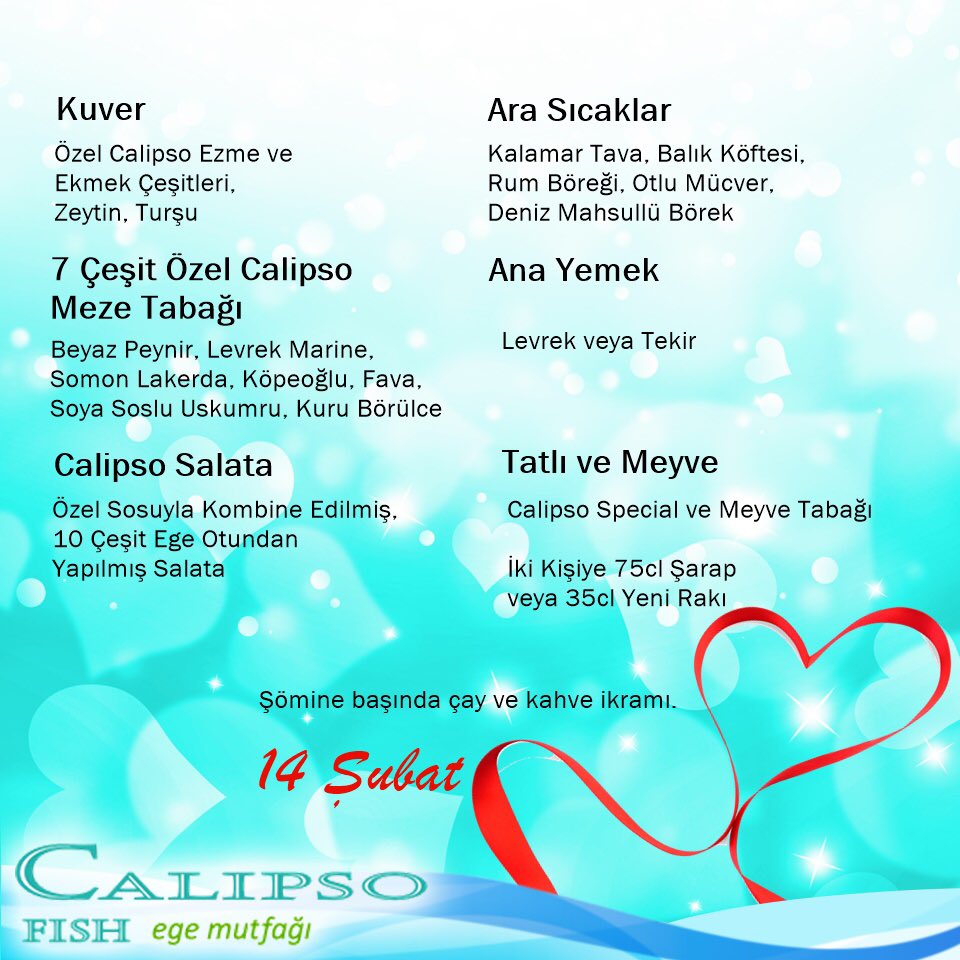 Sevgi ve lezzet dolu güzel bir akşam için... ❤️
Rezervasyon: (0216) 489 28 58
calipsorestaurant.com
#calipsofish #egemutfağı #14şubat #sevgililergünü #akşamyemeği #valentinesday #14february